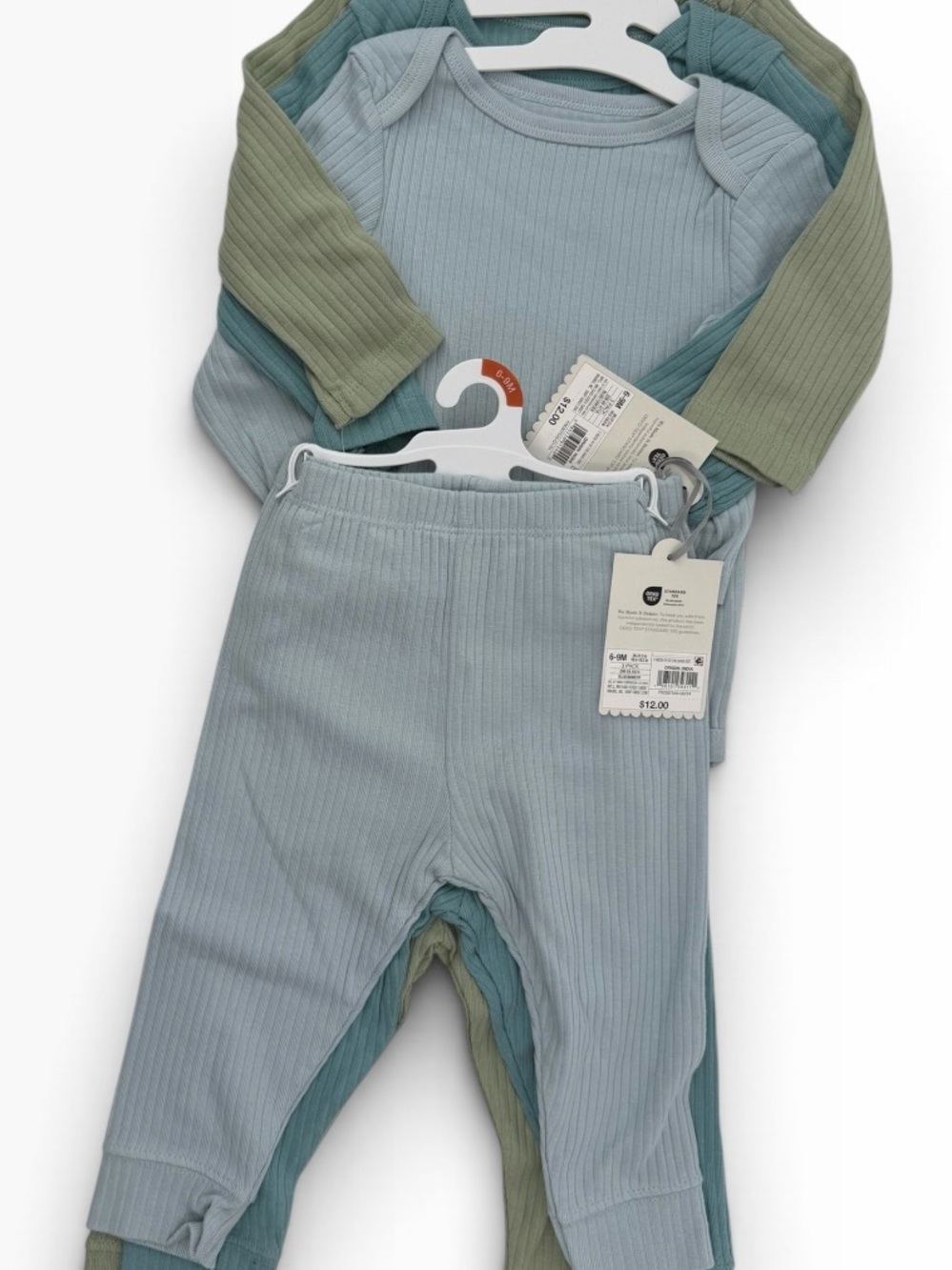 Cloud Island Ribbed One-Piece Set in Light Blue and Green and Teal.